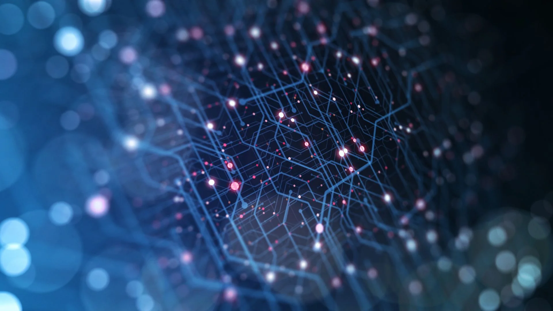 Abstract blue technology background with glowing network lines and red connection nodes, digital data grid and light bokeh effects