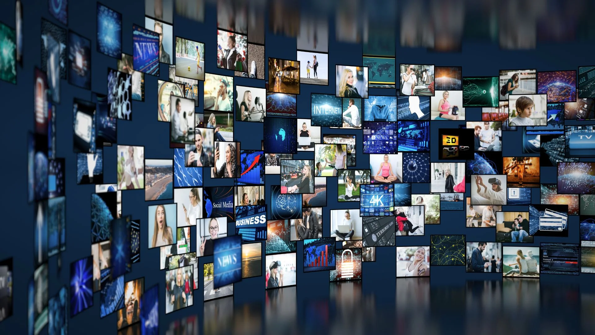 Digital collage of floating screens displaying media, social media, news, business, and technology content on a blue background