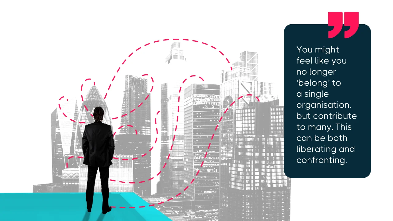 Business professional standing on teal platform facing city skyline with red dashed path lines and motivational quote about belonging to multiple organisations