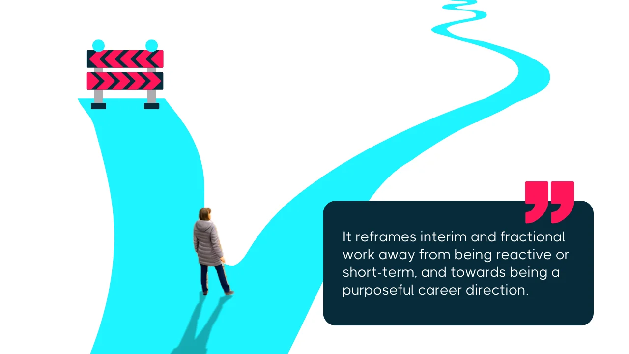 Person standing on winding teal road facing construction barrier with directional arrows and quote about reframing interim and fractional work into a purposeful career direction