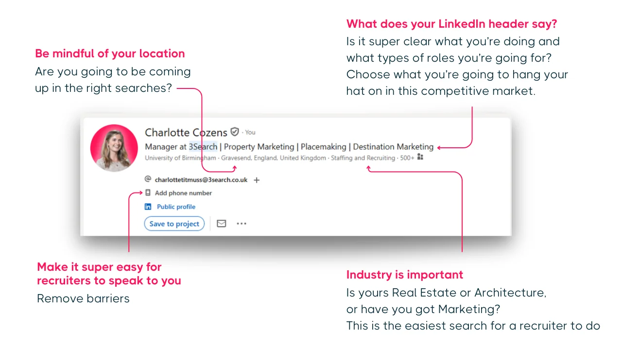 Screenshot of a LinkedIn profile with annotations highlighting key tips for optimization, including location visibility, clear LinkedIn header, industry relevance, and easy contact access for recruiters.