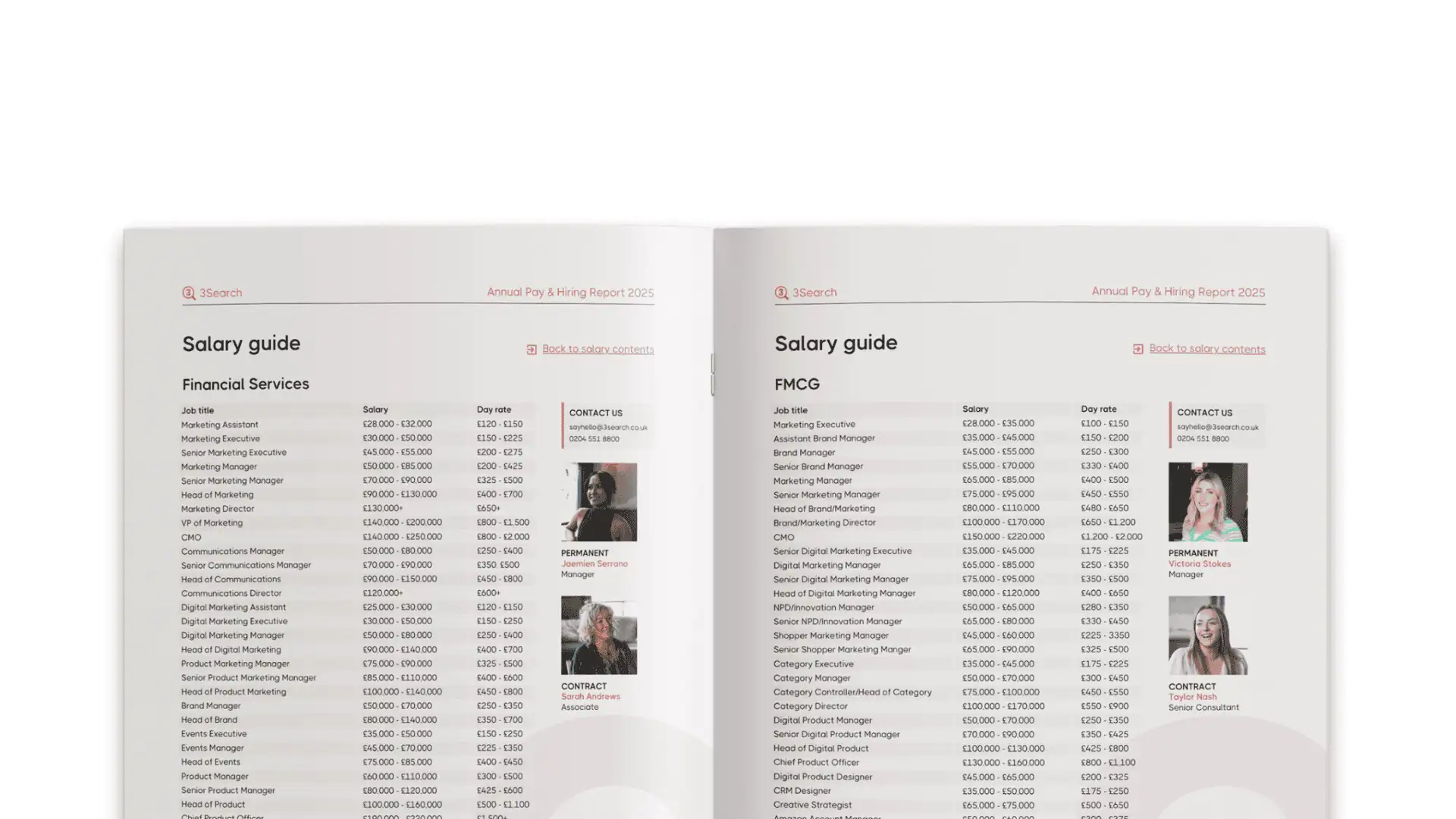 Image of 3Search's Annual Pay & Hiring Report open on the salary guide pages