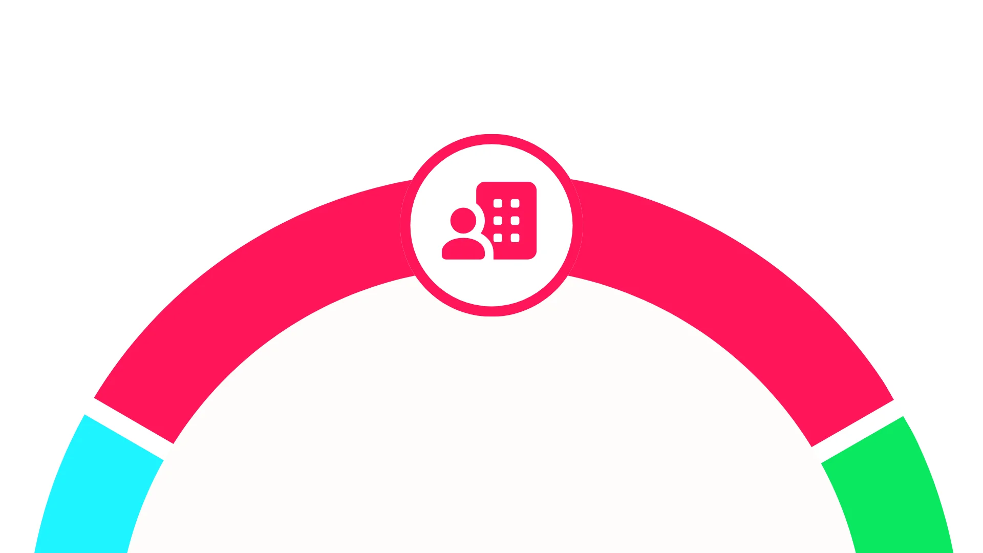 Pink semi-circle with person and building icon in the center on a white background