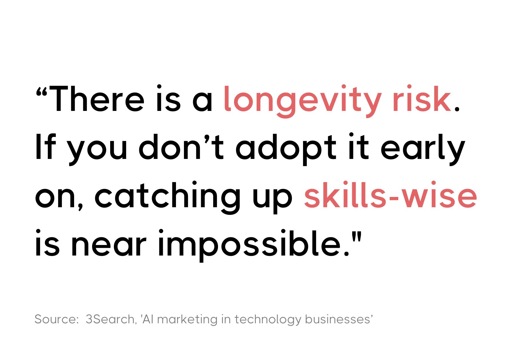 A simple graphic with a quote stating, 'There is a longevity risk. If you don’t adopt it early on, catching up skills-wise is near impossible.' Below the quote, a citation reads: 'Source: 3Search, 'AI marketing in technology businesses'.