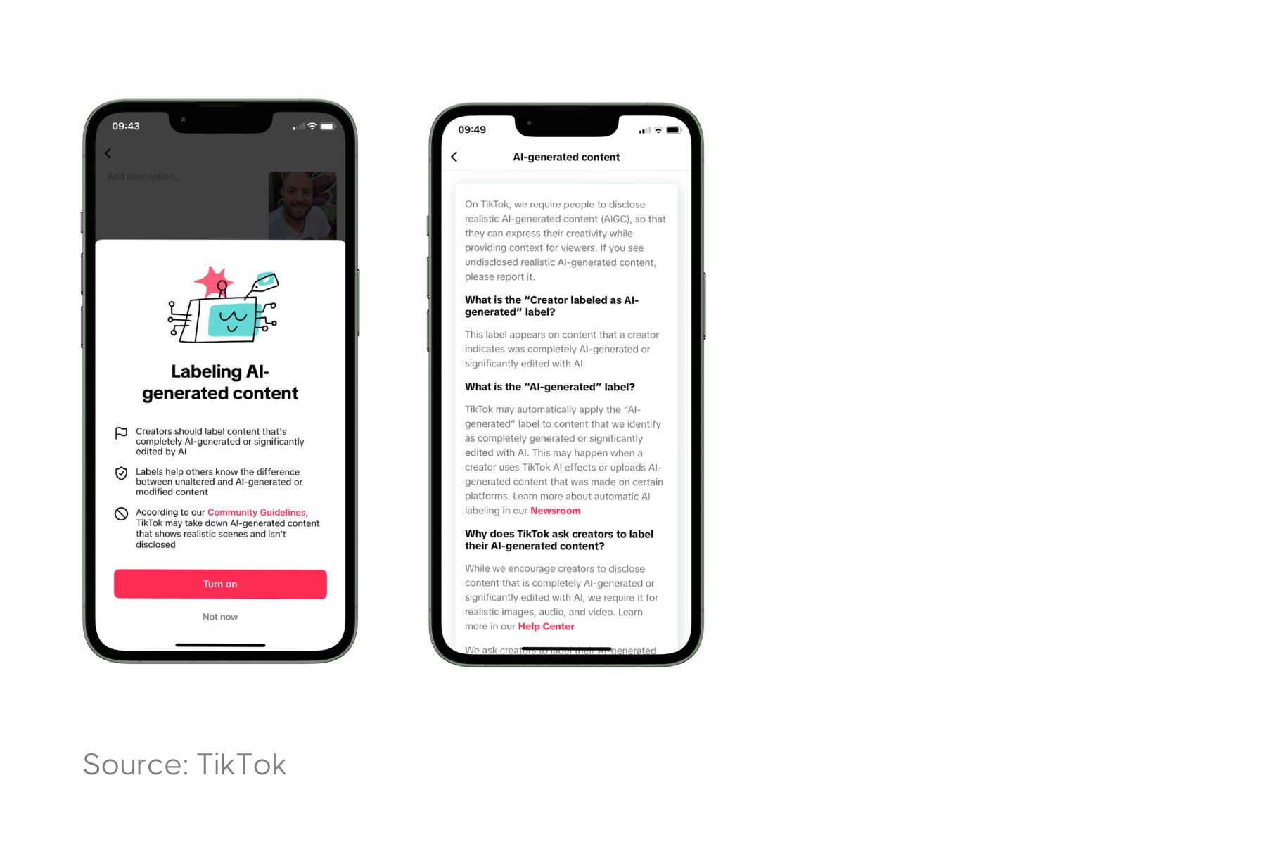 Two smartphones displaying TikTok's new feature on AI-generated content. The left phone shows a graphic of a smiling book with a star, titled 'Labeling AI-generated content', highlighting options to label content as AI-generated. The right phone displays an FAQ section explaining the importance of this feature, such as differentiating unaltered and AI-modified content. Both screens emphasize the necessity of transparency in AI-generated content, with a footnote citing TikTok as the source.