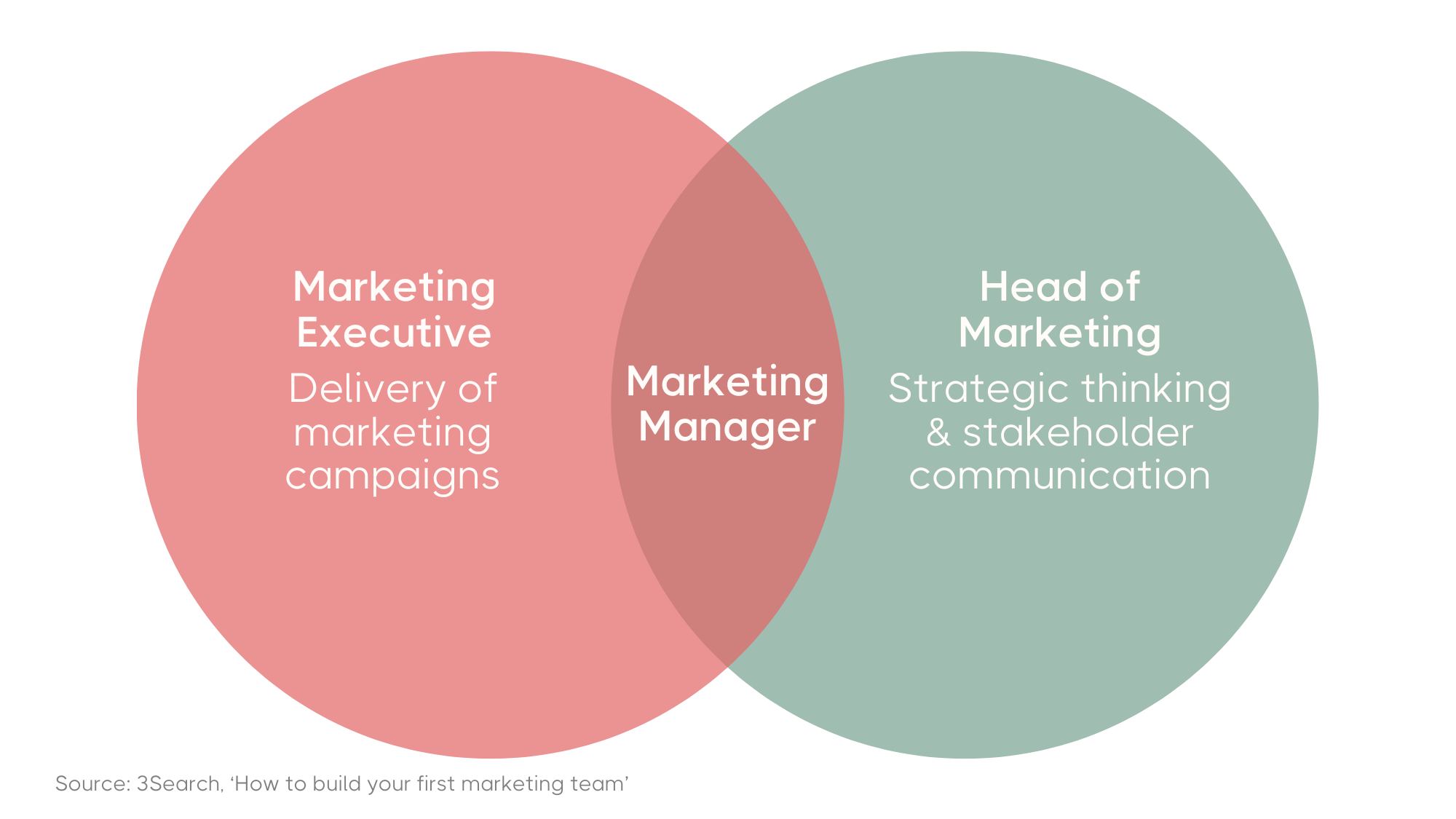 Venn diagram showing roles in marketing with 'Marketing Manager' in the middle, overlapping 'Marketing Executive' focusing on campaign delivery, and 'Head of Marketing' focusing on strategic thinking and communication.