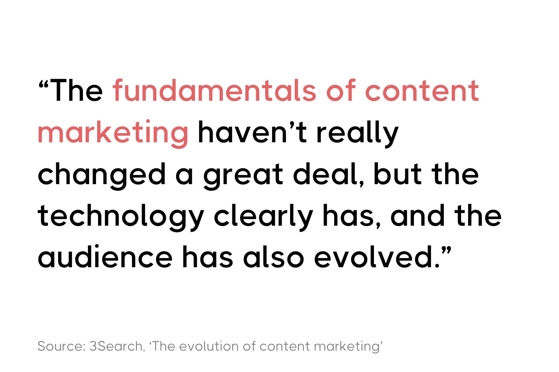 The image contains a quote stating, "The fundamentals of content marketing haven't really changed a great deal, but the technology clearly has, and the audience has also evolved." It is attributed to a source named 3Search, from a piece titled 'The evolution of content marketing.' The text is styled in a simple, modern font and centered on a plain background, focusing solely on the message.