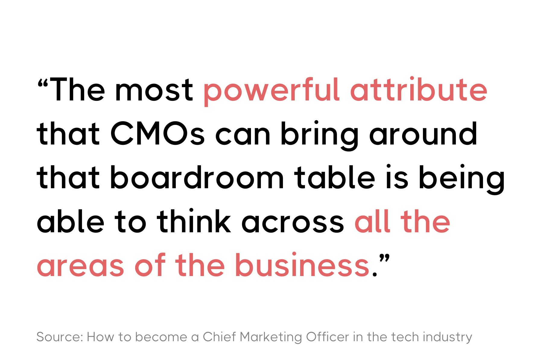 The image contains a quote in a large, bold, sans-serif font, primarily in black with the words "most powerful attribute" emphasized in red. The quote reads: "The most powerful attribute that CMOs can bring around that boardroom table is being able to think across all the areas of the business." At the bottom in smaller text, there is a source attribution that says "Source: How to become a Chief Marketing Officer in the tech industry."