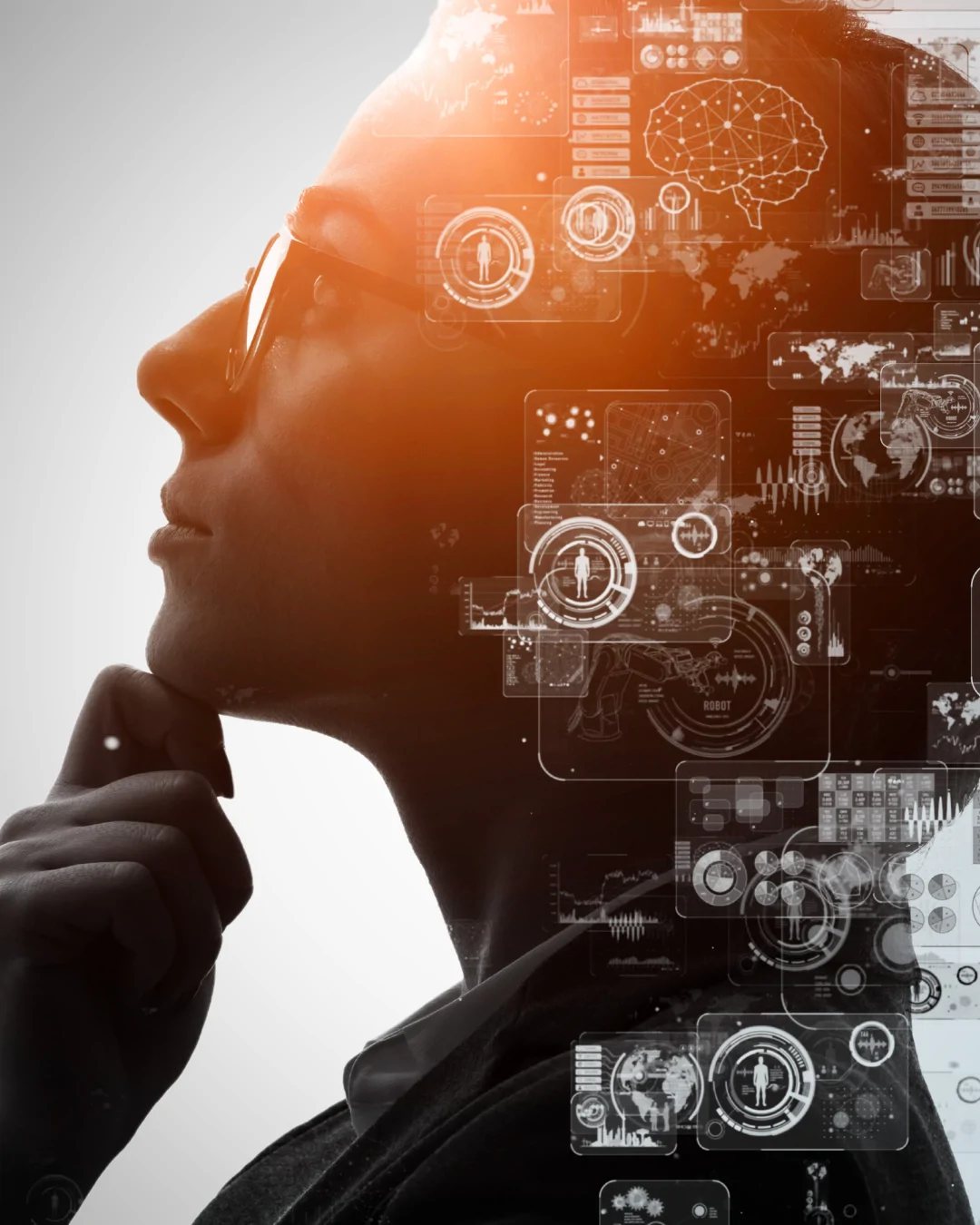 Woman thinking with symbols representing AI